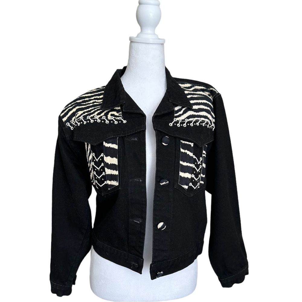 Lillie Rubin Black Jean Jacket and Pants Set with White Zebra Accents - Picture 3 of 13